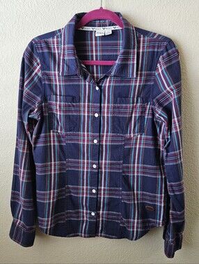 ROXY PLAID BUTTON DOWN (L) NAVY BLUE/TEAL/BURGUNDY RED